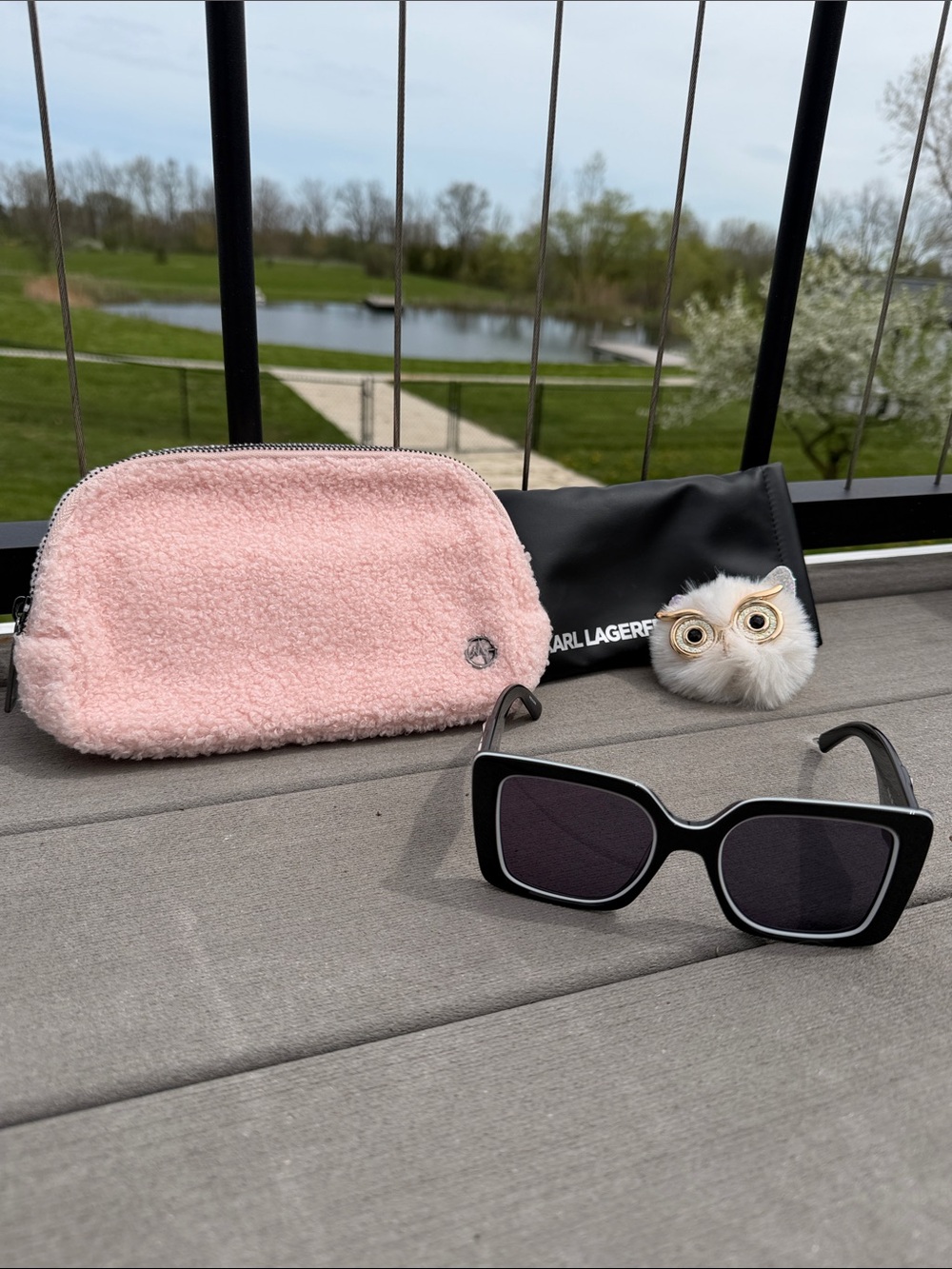 BUNDLE! Karl Lagerfeld Sunglasses & case, faux Sherpa belt bag & Owl Bag charm.